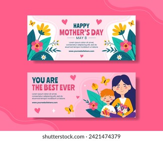 Mother Day Horizontal Banner Flat Cartoon Hand Drawn Templates Background Illustration