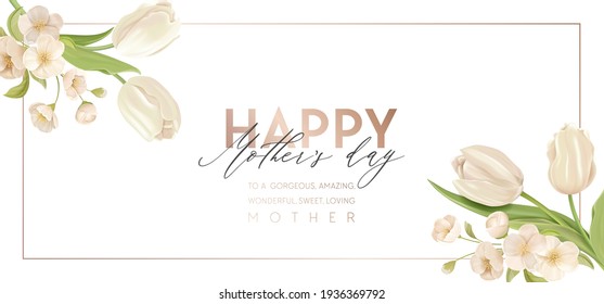 Mother day modern banner. Spring holiday floral vector sale illustration design. Realistic tulip and cherry flowers advertisement template. Flower summer background, mom party promo, cover for mothers