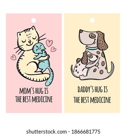 MOTHER DAY PARTY Father Dog Hugs Puppy Son Mother Cat Hugs Her Daughter Parental Relationship Handwriting Text Hand Drawn Tags Vector Illustration Set For Print