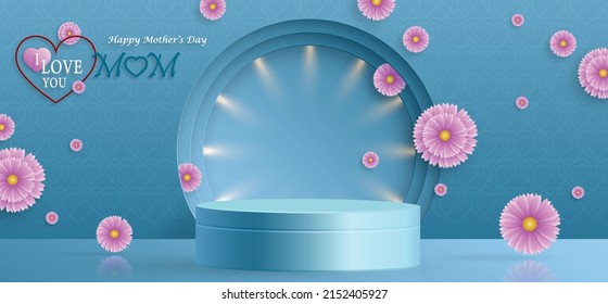 Mother day podium round stage with hearts and lovely objects on color background for greeting cards, banner, web, (translate : Happy Mother’s Day)