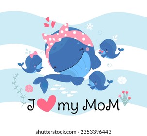 Mother day poster with cute whale mom and funny little babies whales. Childish love, decorative underwater cartoon characters nowaday vector print