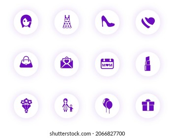 mother day purple color vector icons on light round buttons with purple shadow. mother day icon set for web, mobile apps, ui design and print