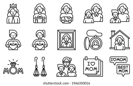 Mother day related vector icon set, line style