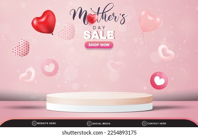 mother day sale discount template banner with blank space 3d podium for product sale with abstract gradient pink and white background design