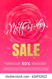Mother Day Sale poster for shopping with gold text and rose flower background for springtime discount promo shop design template