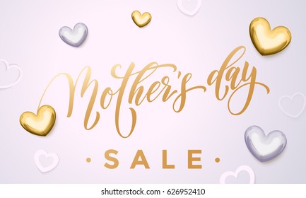 Mother Day Sale poster or web banner with gold and silver hearts on premium white background for springtime discount promo shopping design
