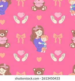 Mother Day Seamless Pattern with Woman and Child. Happy female holding and embracing little baby boy heart love bow teddy bear seamless pattern. Repeat vector illustration