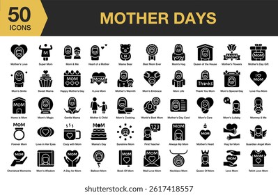 Mother Day solid icon set. Includes mother, love, holiday, happy, day, gift, and More. Solid icons vector collection.