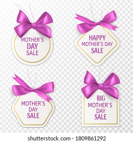 Mother day tags. Cute sale labels with pink bow and silk ribbon, special retail badges, mom day discount sticker or coupon, holiday advertising template marketing banners vector isolated set