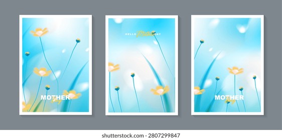 Mother day vector poster template set with abstract tellow flowers on soft blurred light blue background. elegant floral greeting cards for spring and summer seasonal celebrations.