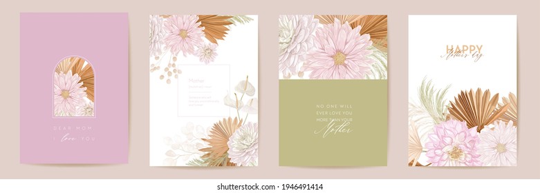 Mother Day Watercolor Card Set. Greeting Mom Minimal Postcard Design. Vector Tropical Flowers, Palm Leaves Template.  Dry Pampas Grass Frame. Spring Flower Bouquet Typography. Woman Modern Brochure