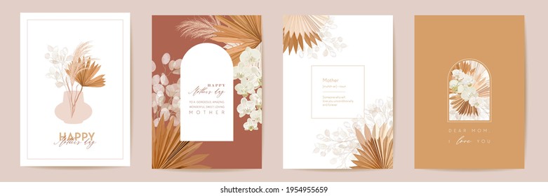 Mother day watercolor card set. Greeting mom minimal postcard design. Vector tropical flowers, palm leaves template.  Dry pampas grass frame. Orchid flower bouquet typography. Woman modern brochure