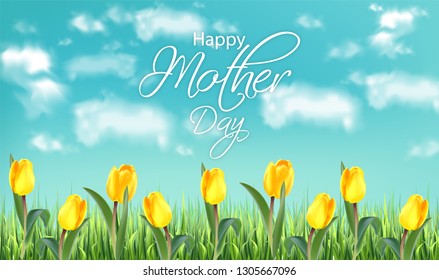 Mother day yellow tulip flowers field Vector realistic banner templates. Spring summer cards