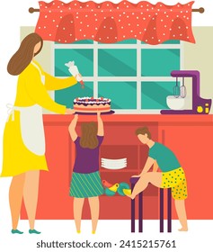 Mother decorating cake in kitchen, child assists, another plays. Happy family time, home baking activity. Celebrating a special occasion vector illustration.