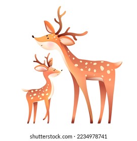 Mother Deer and Little Doe Loving Animals. Cute animal deer mama love and her child. Mother and kid drawing for children. Vector kids illustration clipart in watercolor style.