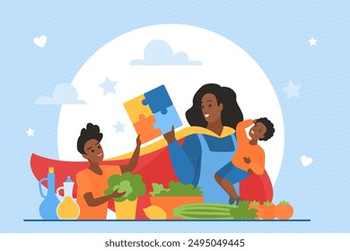 A mother depicted as a superhero with her children, engaging in various activities like cooking and playing, highlighting strength, care, and family unity vector illustration.