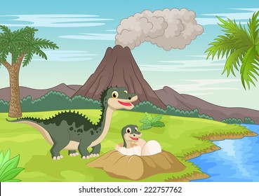 Mother dinosaur with baby hatching