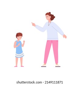 Mother discipline kid. Shouting mom punish cry guilty baby in bad behavior, parent woman yelling angry talk with daughter, parents lecture, vector illustration. Kids discipline by angry parent
