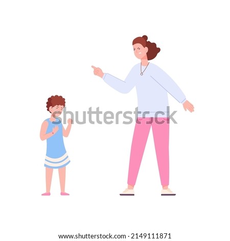 Mother discipline kid. Shouting mom punish cry guilty baby in bad behavior, parent woman yelling angry talk with daughter, parents lecture, vector illustration. Kids discipline by angry parent