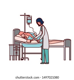 mother and doctor with newborn baby in stretcher