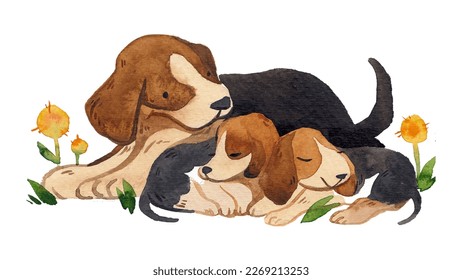 Un perro madre y cachorros pequeños. Adorable familia de perros entre flores amarillas. Animales pintados con acuarelas. Animales de dibujos animados de ilustraciones vectoriales aislados en blanco.