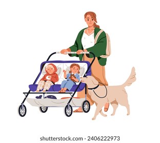 Mother, dog and twins in tandem stroller. Mom walking with two children in pram and puppy pet. Woman with toddlers kids strolling. Flat graphic vector illustration isolated on white background