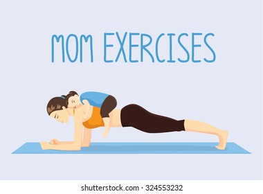 Mother doing abdominal exercises on blue mat by daughter lying on her back. Healthy lifestyle concept
