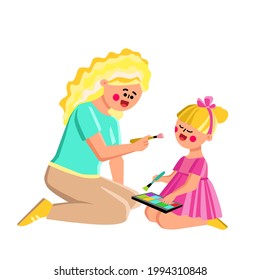 Mother Doing Beauty Make-up Little Daughter Vector. Young Woman Parent Applying Brush And Cosmetics For Do Make-up On Child Face. Characters Glamor Visage Flat Cartoon Illustration