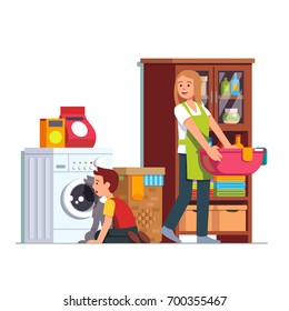 Mother doing housework at home laundry room. Kid sitting in front of washing machine watching drum. Housewife woman carrying clean clothes basin. Mom & son do chores together. Flat vector illustration