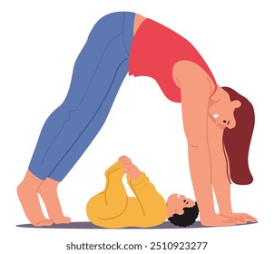 Mother doing yoga exercises while playing with her baby. Mom is in yoga pose, and the baby is on the floor in a playful position. Cartoon vector scene represents fitness, bonding and healthy lifestyle