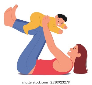 Mutter macht Yoga-Übungen, während sie ihr Baby auf den Beinen hält. Mama Charakter ist lächelnd, und Baby genießt den Moment, zeigt die Bindung und Liebe zwischen ihnen. Cartoon People, Vektorgrafik