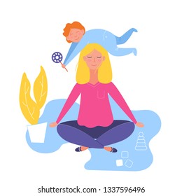 Mother doing yoga and meditating visiting in a lotus pose with a cute naughty baby on her head. Illustration in vector
