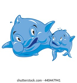 Mother dolphin swims with her little cute baby dolphin. They are happy.
