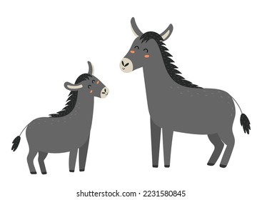 Madre burro con su bebé. La mamá linda y sus personajes animales infantiles. Impresión del Día de la Madre para los niños. Ilustración del vector