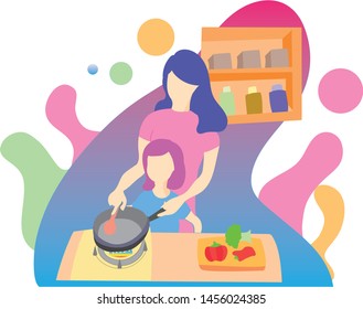 mother and doughter cooking together