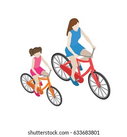 Mother and doughter cyclists riding on a bicycle. Flat 3d isometric vector illustration