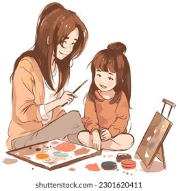 Mother and doughter doing art together illustration vector 