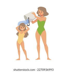 Mother douses her daughter with icy water from bucket to harden the body health and maintain immunity, flat vector illustration isolated on white background.