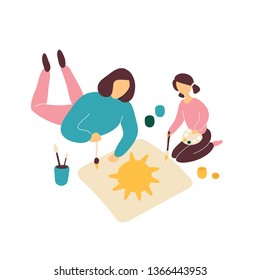 Mother drawing together with little daughter on floor. Flat modern trendy style.Vector illustration character icon. Isolated of white background.