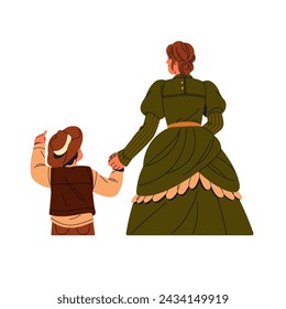 Mother in dress holds son hand walking. Kid in cowboy hat pointing finger back view. American wild west family. Western texas lady with boy. Flat isolated vector illustration on white background