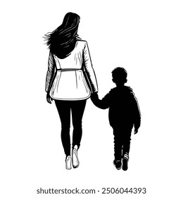 Mother, dressed in casual clothes, walks while holding a little boy's hand in a black and white vector illustration.