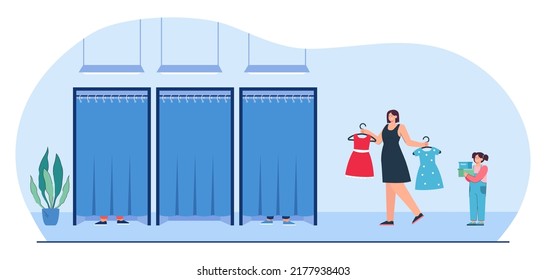 Mother with dresses and daughter going to fitting rooms. Woman trying on clothes in shop flat vector illustration. Fashion, shopping concept for banner, website design or landing web page