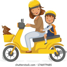 Mother driving child in uniform on motorcycle. Boy and parents. Back to school. Son and mother ride a motorcycle to the school. Cartoon vector illustration. 
