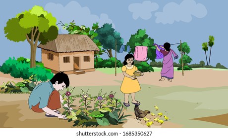 Mother is drying clothes in the yard Children are doing other work – illustration