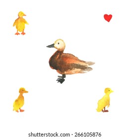 Mother duck with children. Ogar duck. sweet background. Mother care. Kids texture. mother loves her children. postcard with duckling.