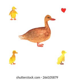 Mother duck with children. sweet background. Mother care. Kids texture. mother loves her children. postcard with duckling.