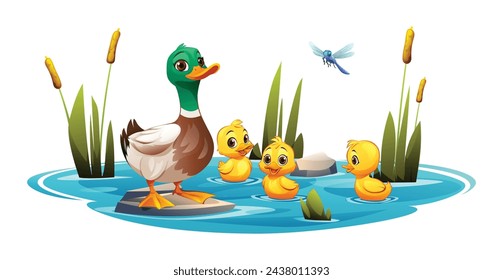 Mutter Ente und süße Entchen schwimmen im Teich. Vektor-Cartoon-Illustration