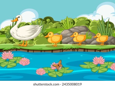 Mother duck with ducklings by a pond with lily pads