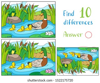 Mother duck and ducklings with frog on a pond. Find 10 differences. Educational game for children.