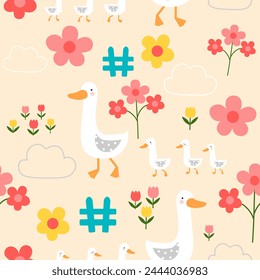 madre pato y patitos en jardín patrón sin costuras con vallas, nubes y flores, Ilustración vectorial